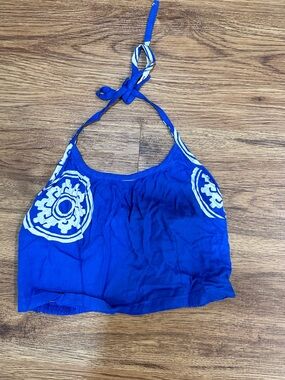 VTG Y2K Royal Blue Halter Crop Top with “Mayan” Design
